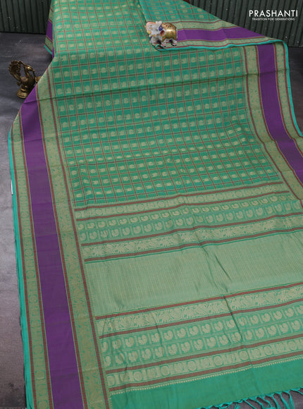 Kanchi cotton saree teal green and violet with allover thread checks & buttas and rettapet thread woven border