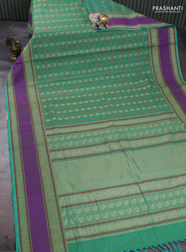 Kanchi cotton saree teal green and violet with allover thread checks & buttas and rettapet thread woven border