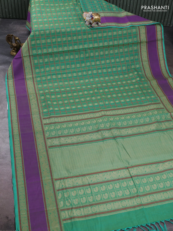Kanchi cotton saree teal green and violet with allover thread checks & buttas and rettapet thread woven border