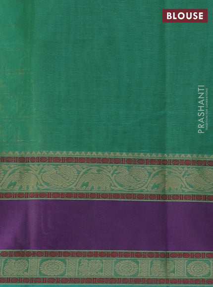 Kanchi cotton saree teal green and violet with allover thread checks & buttas and rettapet thread woven border