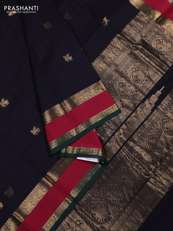 Kanchi cotton saree navy blue and red with zari woven buttas and rettapet zari woven border