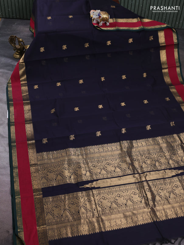 Kanchi cotton saree navy blue and red with zari woven buttas and rettapet zari woven border