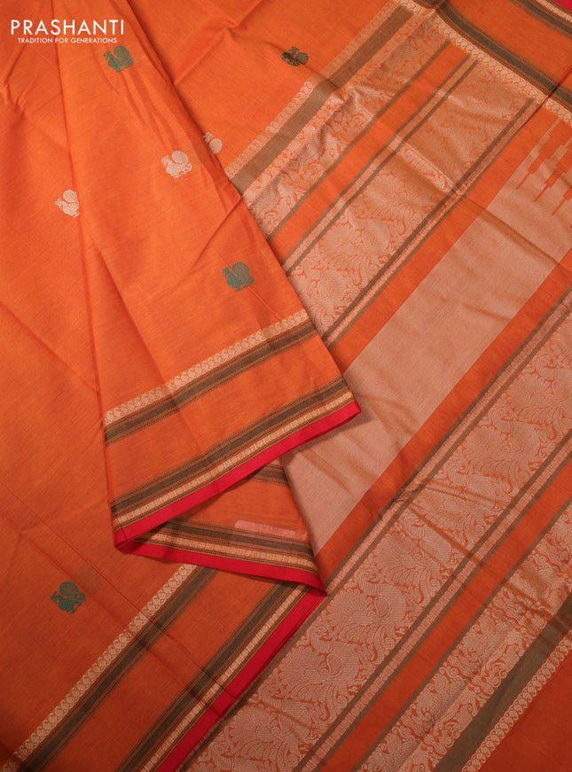 Kanchi cotton saree dark mustard and red with thread woven buttas and rettapet thread woven border