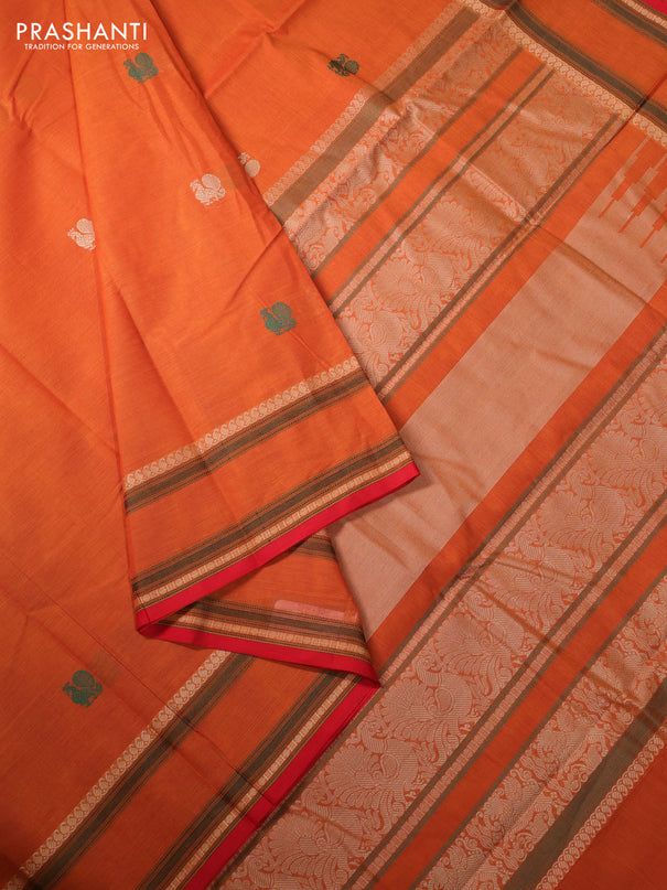 Kanchi cotton saree dark mustard and red with thread woven buttas and rettapet thread woven border