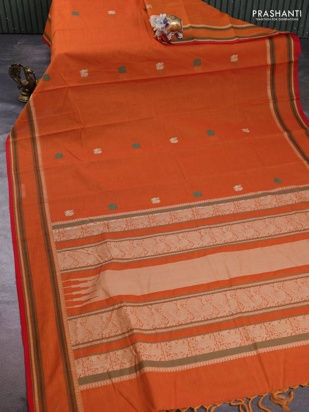 Kanchi cotton saree dark mustard and red with thread woven buttas and rettapet thread woven border