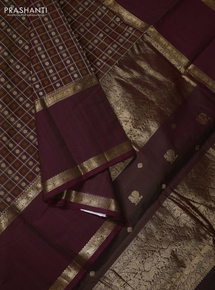 Kanchi cotton saree dual shade of brown with allover thread checks & 1000 buttas and long rettapet zari woven border