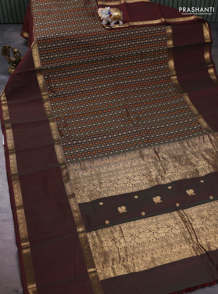 Kanchi cotton saree dual shade of brown with allover thread checks & 1000 buttas and long rettapet zari woven border