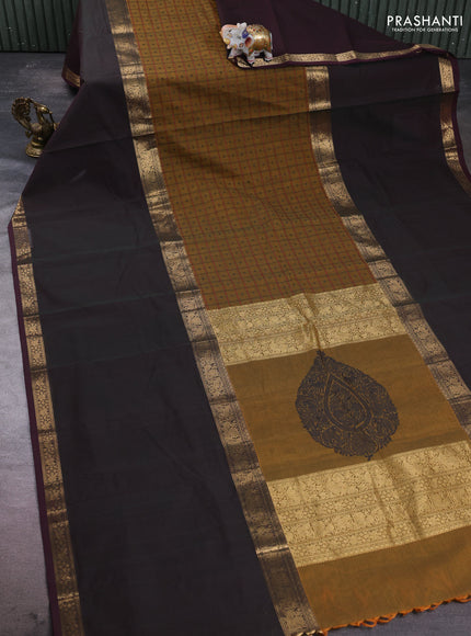 Kanchi cotton saree dark mustard and dual shade of bottle green with allover thread checks & buttas and long rettapet zari woven border