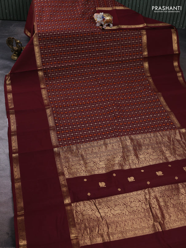 Kanchi cotton saree deep maroon with allover thread checks & buttas and long rettapet zari woven border