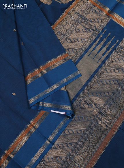 Kanchi cotton saree cs blue with zari woven buttas and rettapet zari woven border