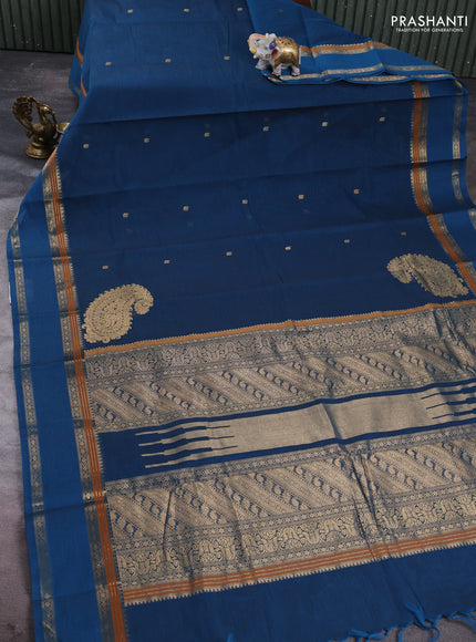 Kanchi cotton saree cs blue with zari woven buttas and rettapet zari woven border