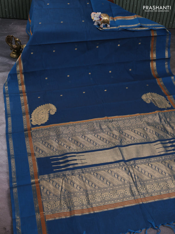 Kanchi cotton saree cs blue with zari woven buttas and rettapet zari woven border