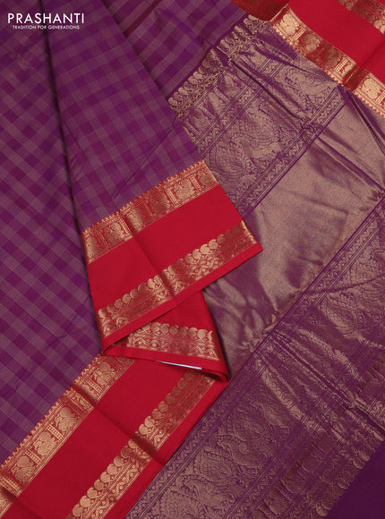 Kanchi cotton saree purple and red with allover thread woven checked pattern and rettapet zari woven border