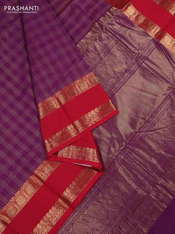 Kanchi cotton saree purple and red with allover thread woven checked pattern and rettapet zari woven border