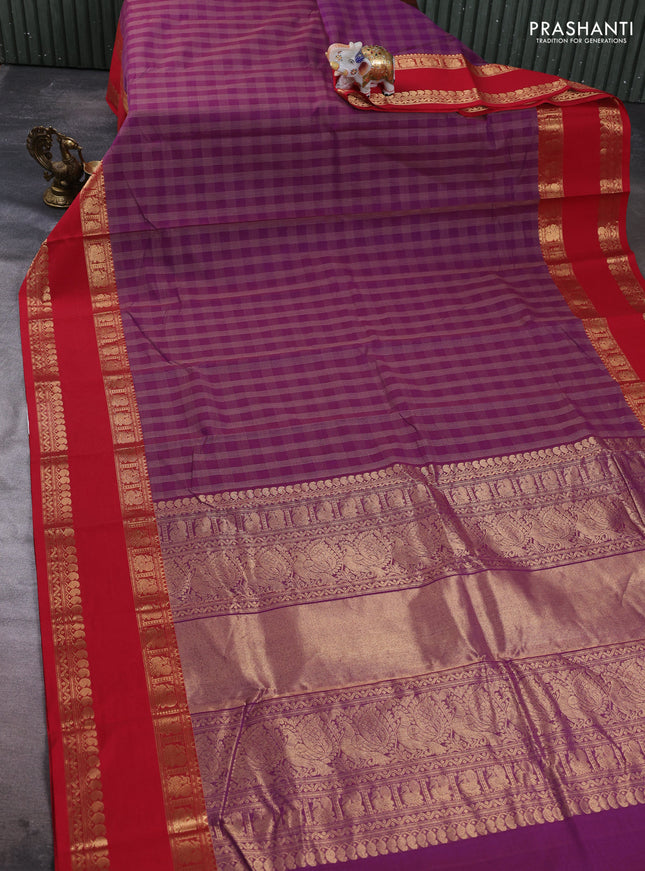 Kanchi cotton saree purple and red with allover thread woven checked pattern and rettapet zari woven border