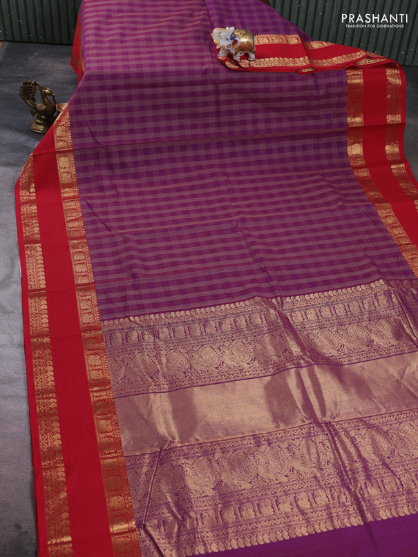 Kanchi cotton saree purple and red with allover thread woven checked pattern and rettapet zari woven border