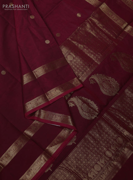 Kanchi cotton saree maroon with zari woven buttas and rettapet zari woven border