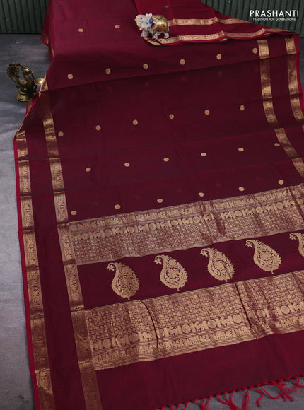 Kanchi cotton saree maroon with zari woven buttas and rettapet zari woven border