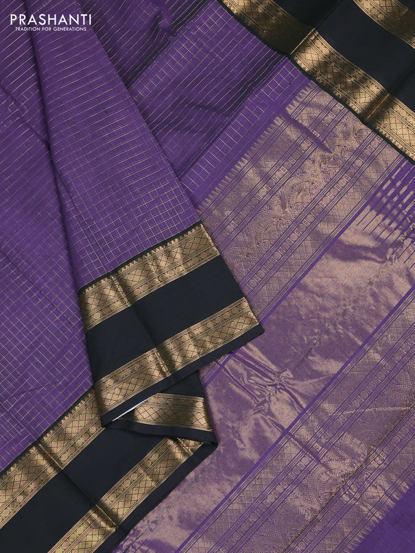 Kanchi cotton saree violet and bottle green with allover zari woven checked pattern and rettapet zari woven border