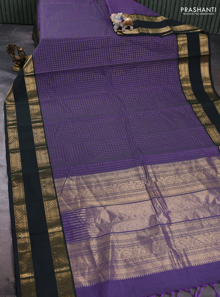 Kanchi cotton saree violet and bottle green with allover zari woven checked pattern and rettapet zari woven border