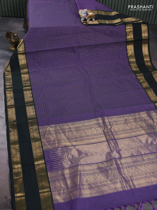 Kanchi cotton saree violet and bottle green with allover zari woven checked pattern and rettapet zari woven border