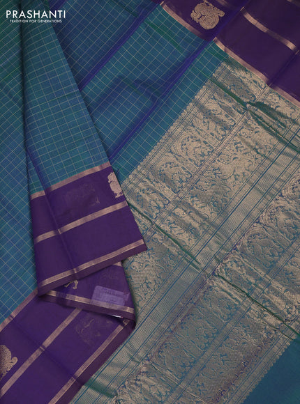 Kanchi cotton saree dual shade of green and deep violet with allover thread woven checked pattern and long zari woven butta border