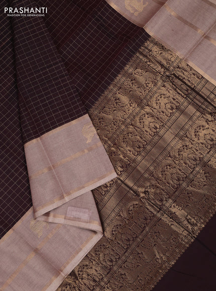 Kanchi cotton saree coffee brown and chikku shade with allover thread woven checked pattern and long zari woven butta border