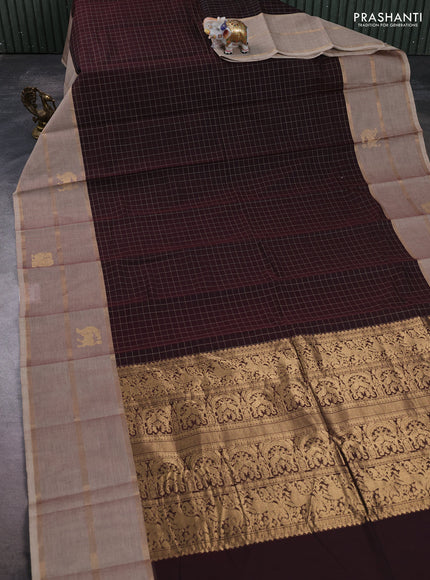 Kanchi cotton saree coffee brown and chikku shade with allover thread woven checked pattern and long zari woven butta border
