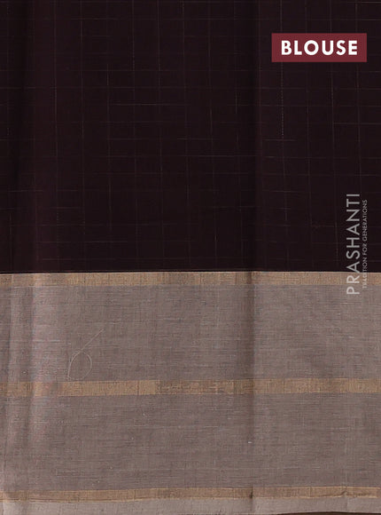 Kanchi cotton saree coffee brown and chikku shade with allover thread woven checked pattern and long zari woven butta border