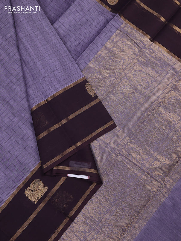 Kanchi cotton saree pastel violet and coffee brown with allover thread woven checked pattern and long zari woven butta border