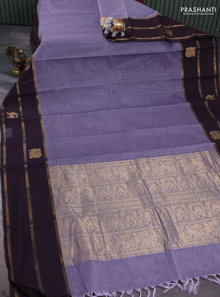 Kanchi cotton saree pastel violet and coffee brown with allover thread woven checked pattern and long zari woven butta border