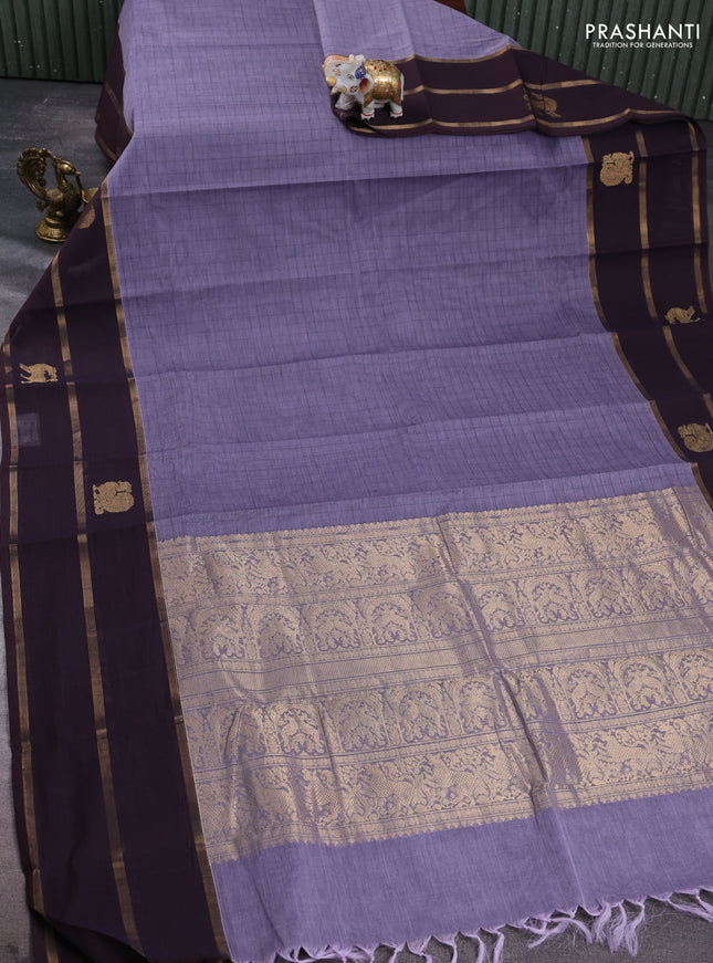 Kanchi cotton saree pastel violet and coffee brown with allover thread woven checked pattern and long zari woven butta border
