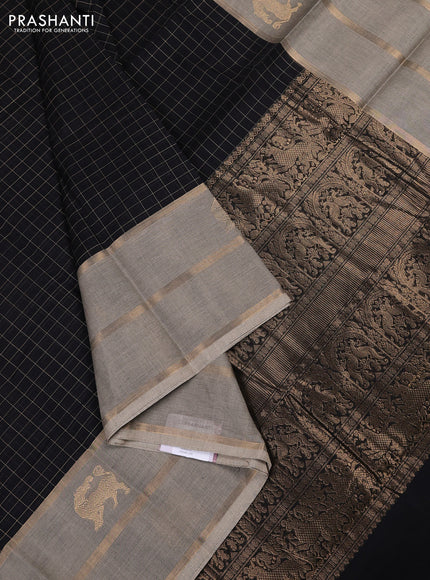 Kanchi cotton saree black and beige with allover thread woven checked pattern and long zari woven butta border