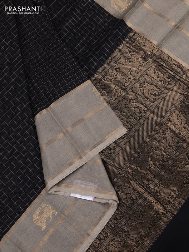 Kanchi cotton saree black and beige with allover thread woven checked pattern and long zari woven butta border