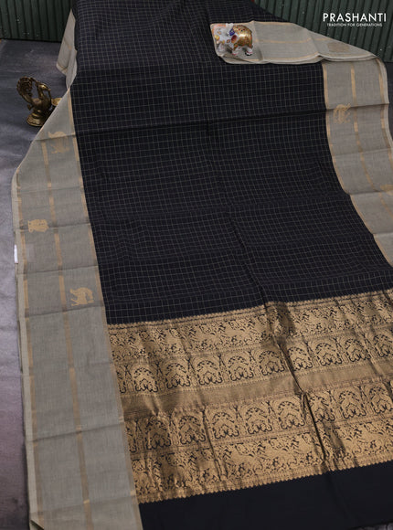 Kanchi cotton saree black and beige with allover thread woven checked pattern and long zari woven butta border