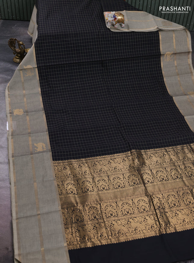 Kanchi cotton saree black and beige with allover thread woven checked pattern and long zari woven butta border