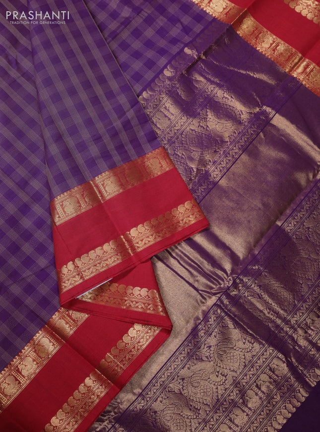 Kanchi cotton saree purple and kumkum red with allover thread woven checked pattern and rettapet zari woven border
