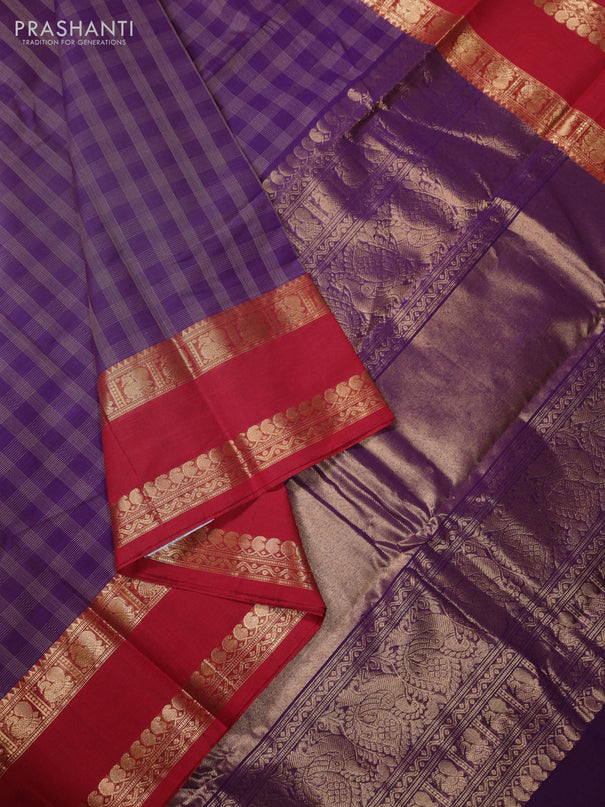 Kanchi cotton saree purple and kumkum red with allover thread woven checked pattern and rettapet zari woven border