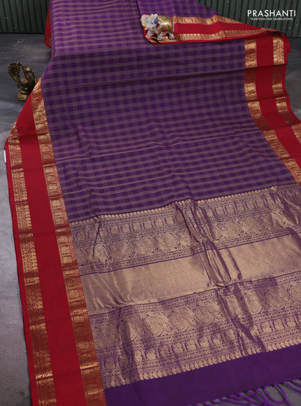Kanchi cotton saree purple and kumkum red with allover thread woven checked pattern and rettapet zari woven border