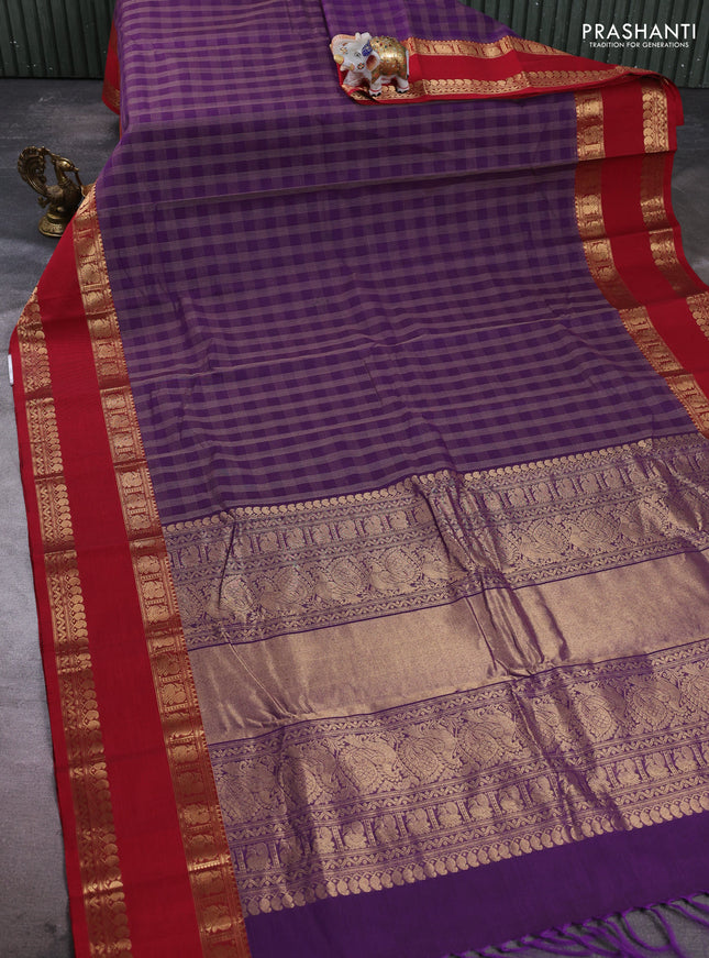 Kanchi cotton saree purple and kumkum red with allover thread woven checked pattern and rettapet zari woven border