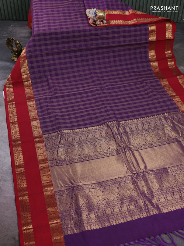 Kanchi cotton saree purple and kumkum red with allover thread woven checked pattern and rettapet zari woven border
