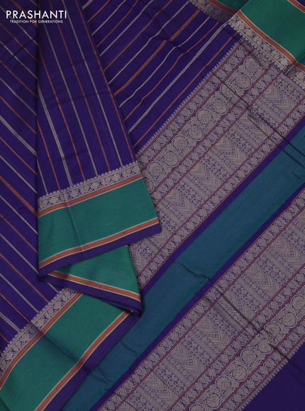 Kanchi cotton saree blue and green with allover thread woven stripe pattern and rettapet thread woven border