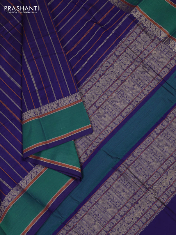 Kanchi cotton saree blue and green with allover thread woven stripe pattern and rettapet thread woven border