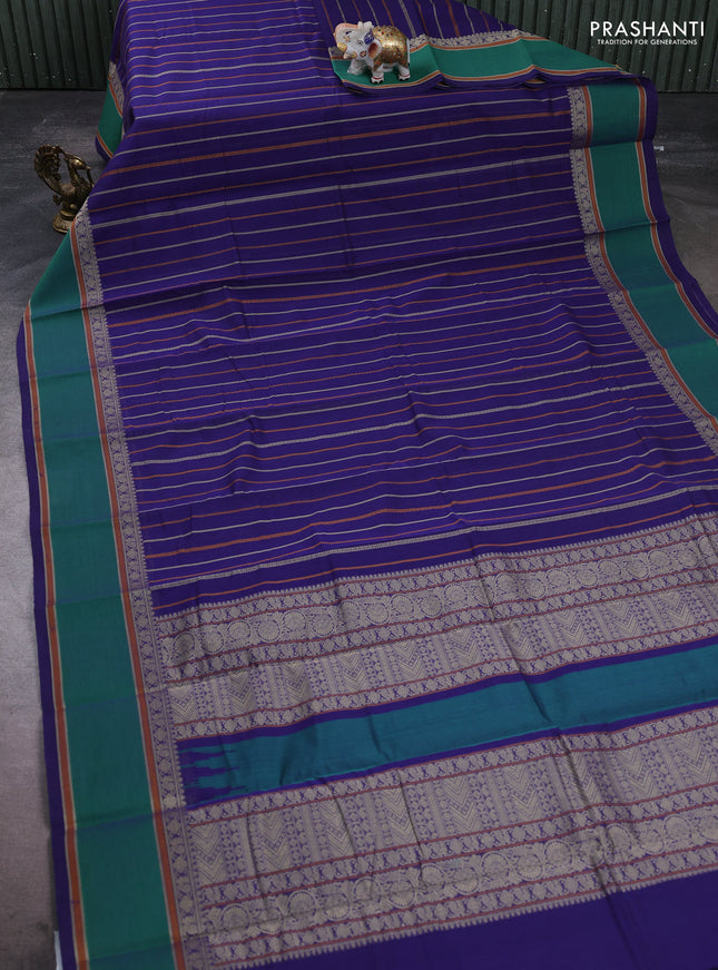 Kanchi cotton saree blue and green with allover thread woven stripe pattern and rettapet thread woven border