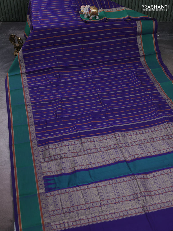 Kanchi cotton saree blue and green with allover thread woven stripe pattern and rettapet thread woven border