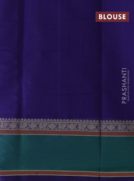 Kanchi cotton saree blue and green with allover thread woven stripe pattern and rettapet thread woven border