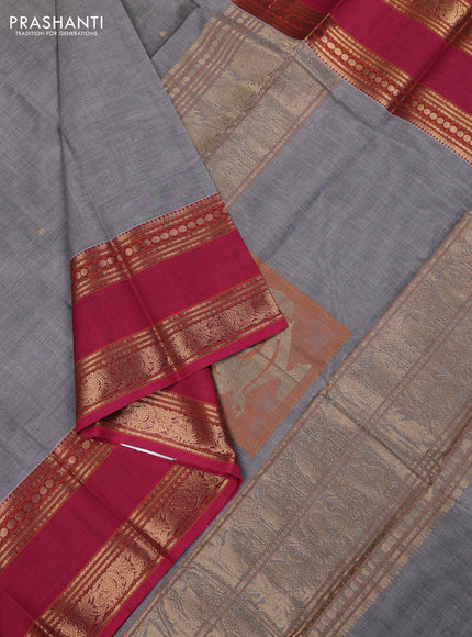 Kanchi cotton saree grey and pink with zari woven buttas and long rettapet zari woven border