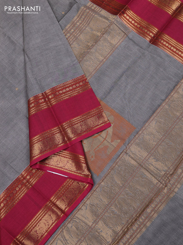 Kanchi cotton saree grey and pink with zari woven buttas and long rettapet zari woven border