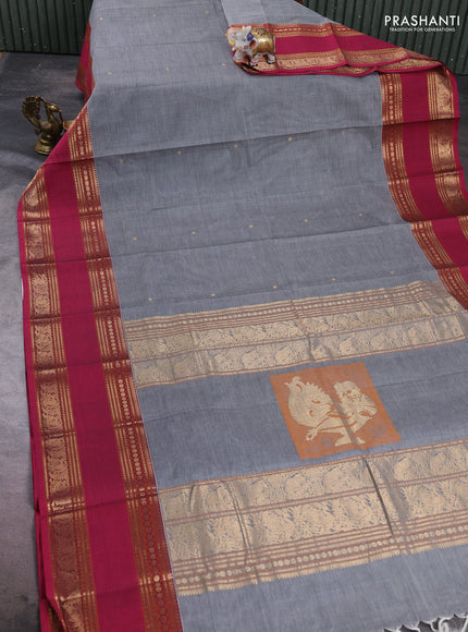 Kanchi cotton saree grey and pink with zari woven buttas and long rettapet zari woven border