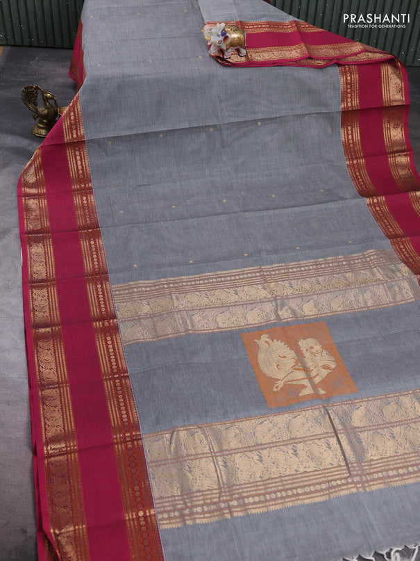 Kanchi cotton saree grey and pink with zari woven buttas and long rettapet zari woven border
